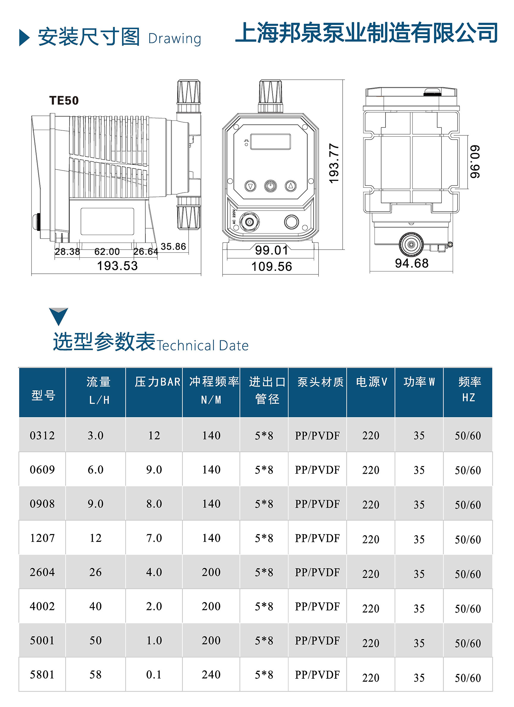 TE50電磁隔膜計(jì)量泵安裝尺寸圖和選型參數(shù)表